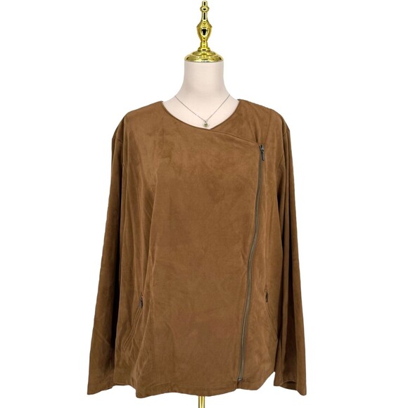 J. Jill Moto Jacket 3X Vegan Faux Suede Acorn Brown Soft Fall Zip Pockets Fall - Picture 2 of 15